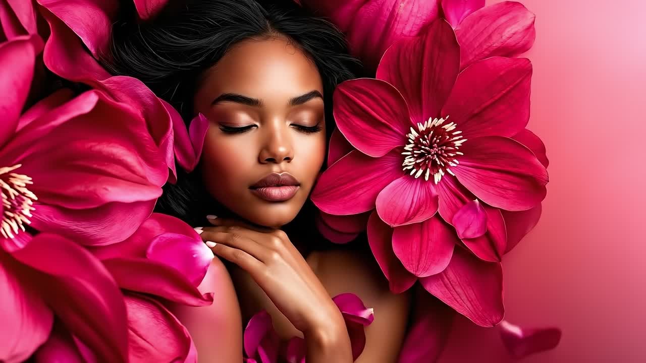 Una donna sdraiata su un letto di fiori rosa