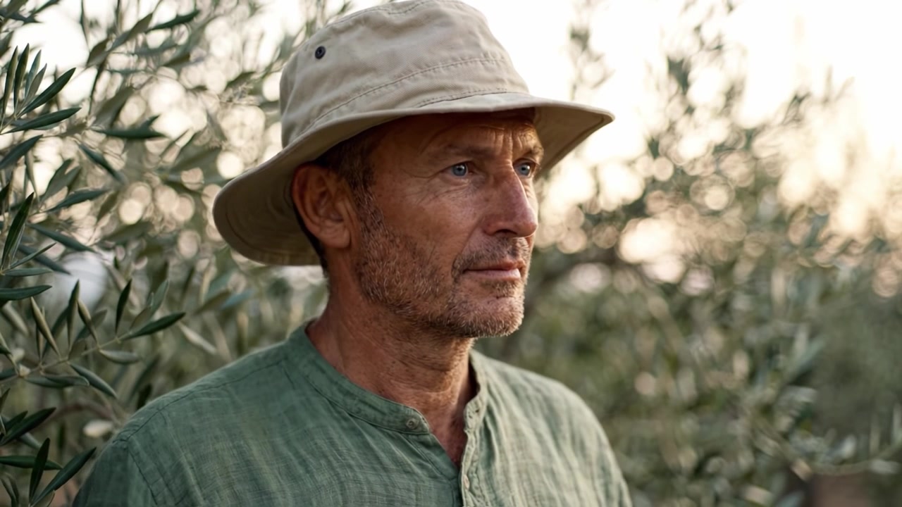 Uomo pensieroso in un uliveto, con un cappello beige, che contempla la vita circondato da una vegetazione rigogliosa, incarnando tranquillità e connessione con la natura.