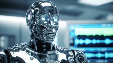 a futuristic robotic figure with luminous eyes and sleek metallic surface displaying emotion through advanced technology in a high-tech environment