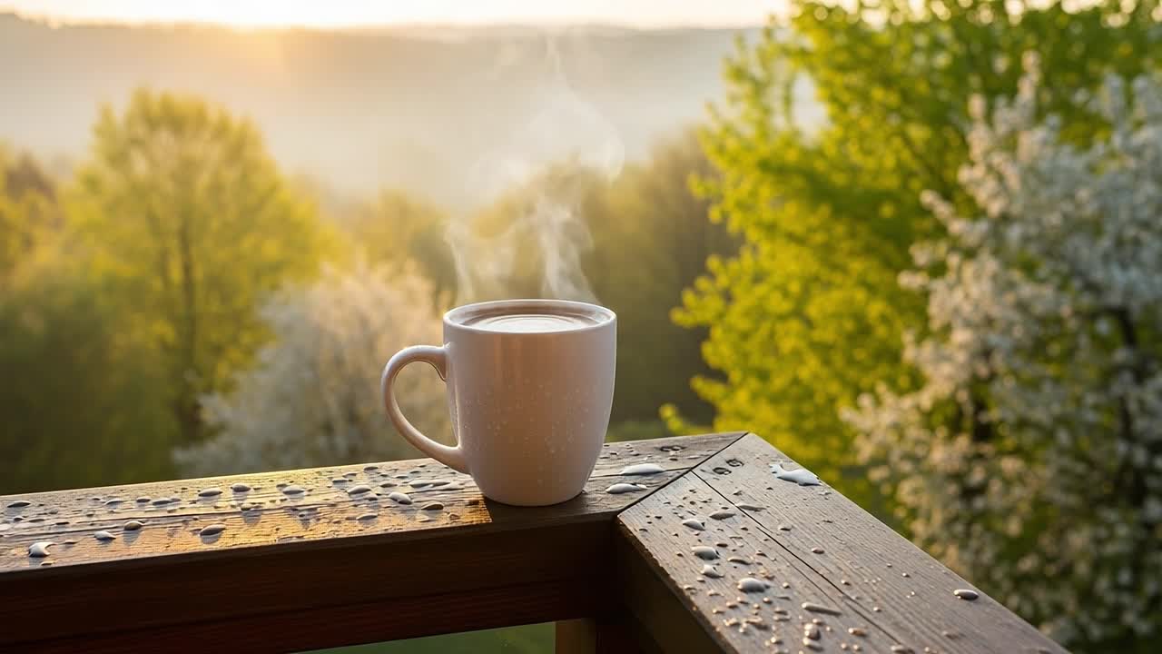 A Refreshing Morning Scene with a Steaming Cup of Coffee on a Wooden Deck Surrounded by Lush Greenery and a Beautiful Sunrise Over the Landscape