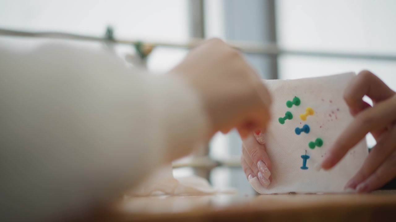 Primo piano di mani di bambino e mani di adulto che assemblano pezzi di puzzle di plastica colorati su una tavola bianca sopra un caldo tavolo di legno, mostrando guida, presa, abbinamento, regolazione e apprendimento cooperativo