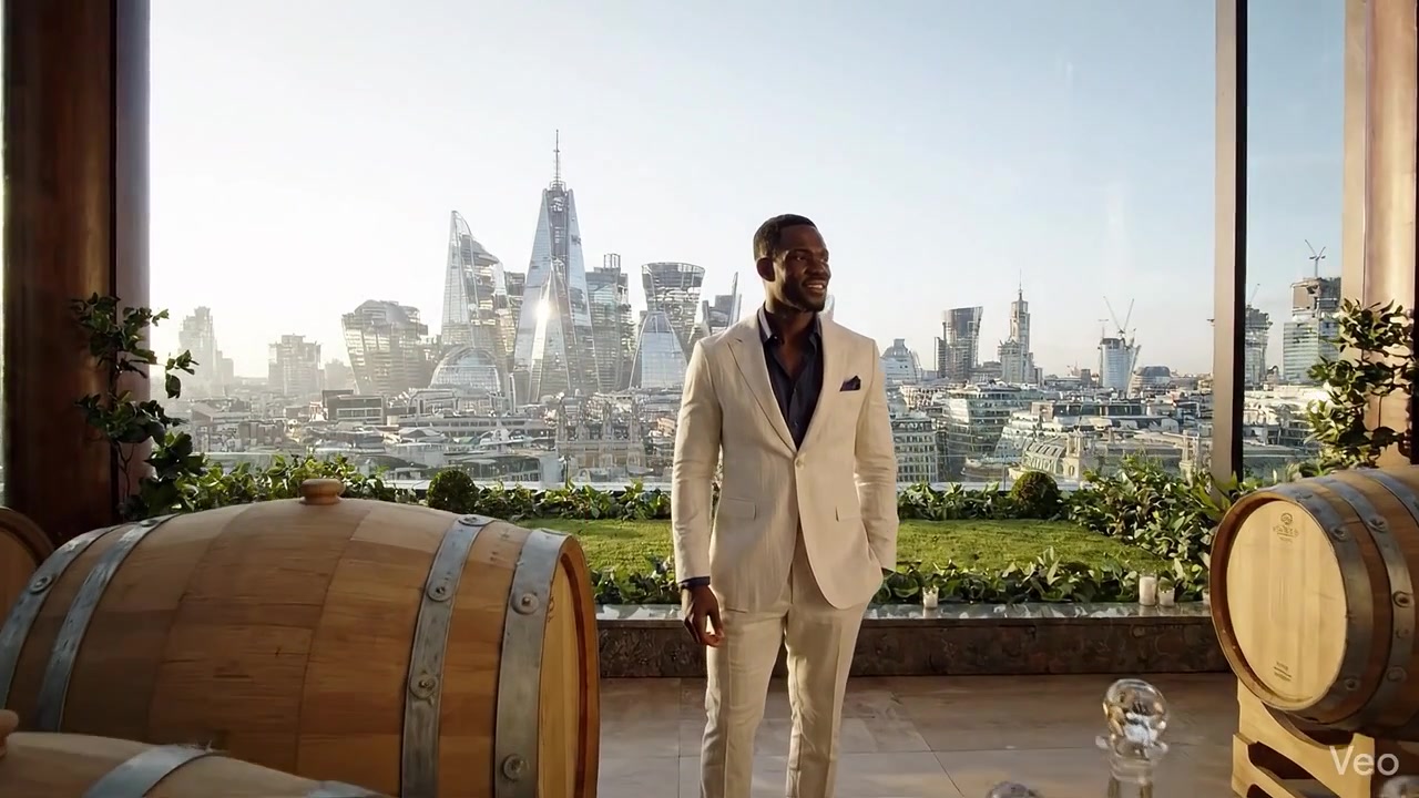 Uomo Elegante in Abbigliamento alla Moda in Posa con Decanter di Lusso e Vista Urbana Panoramica Dietro di Lui in una Sofisticata Location sul Tetto