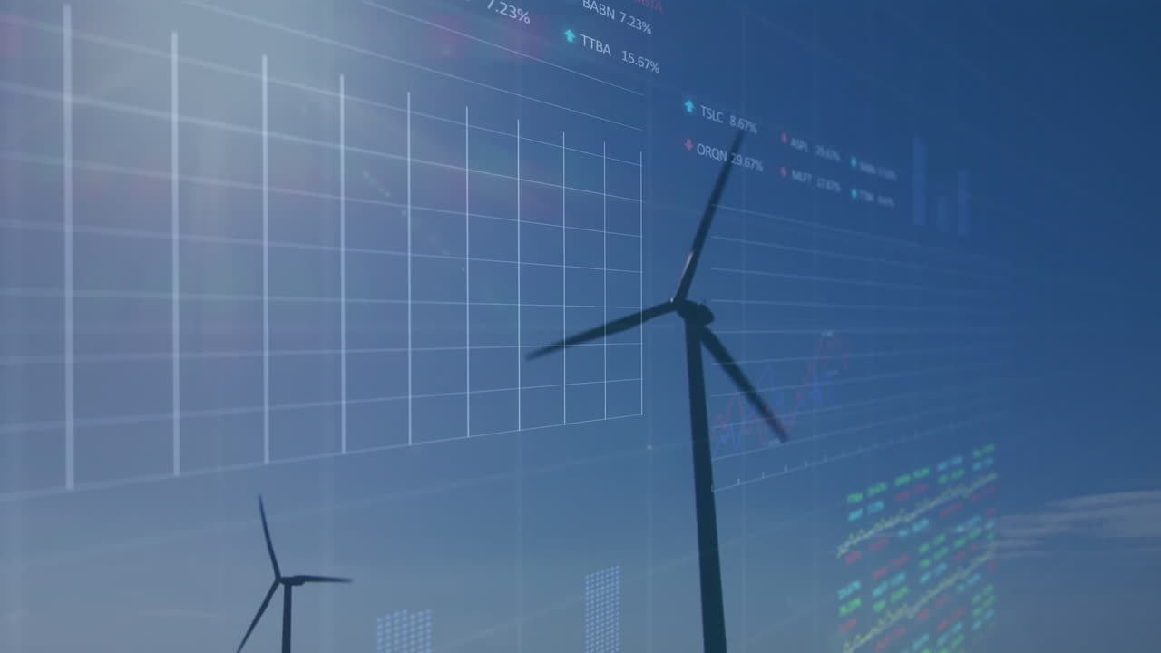 풍력 터빈과 구름이 있는 하늘 위의 데이터 처리 애니메이션