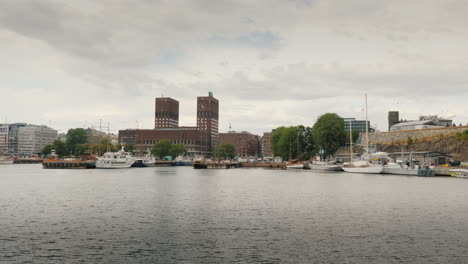 A-View-Of-The-City-Of-Oslo-With-The-Recognizable-Town-Hall-Building-4k-Video