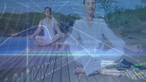 animation of graphs with data and statistics over caucasian couple meditating by a pool