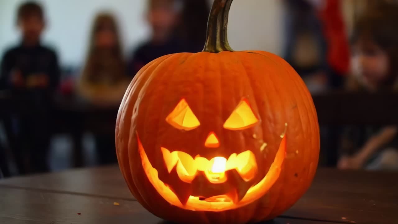 A pumpkin with a carved face sits on a table next to a candle, Halloween decoration