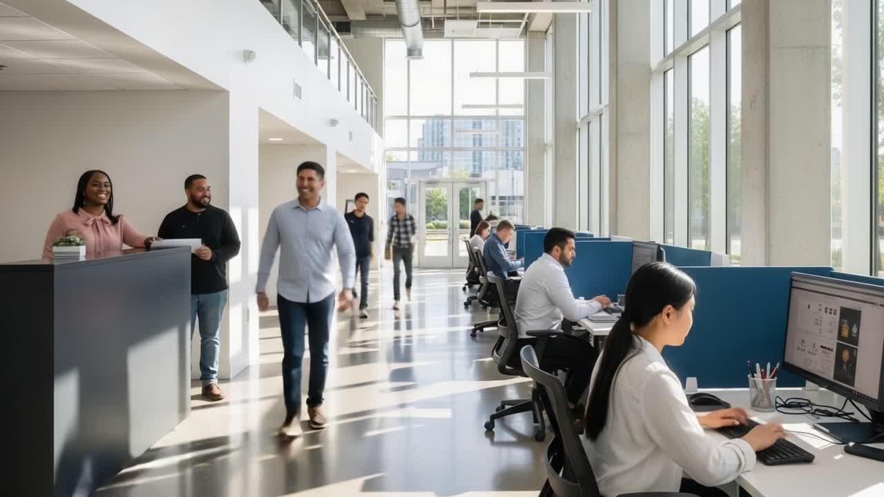 An Engaging Open Office Space Where Professionals Collaborate and Innovate in a Bright, Modern Environment with Clear Glass Windows and Dynamic Workstations