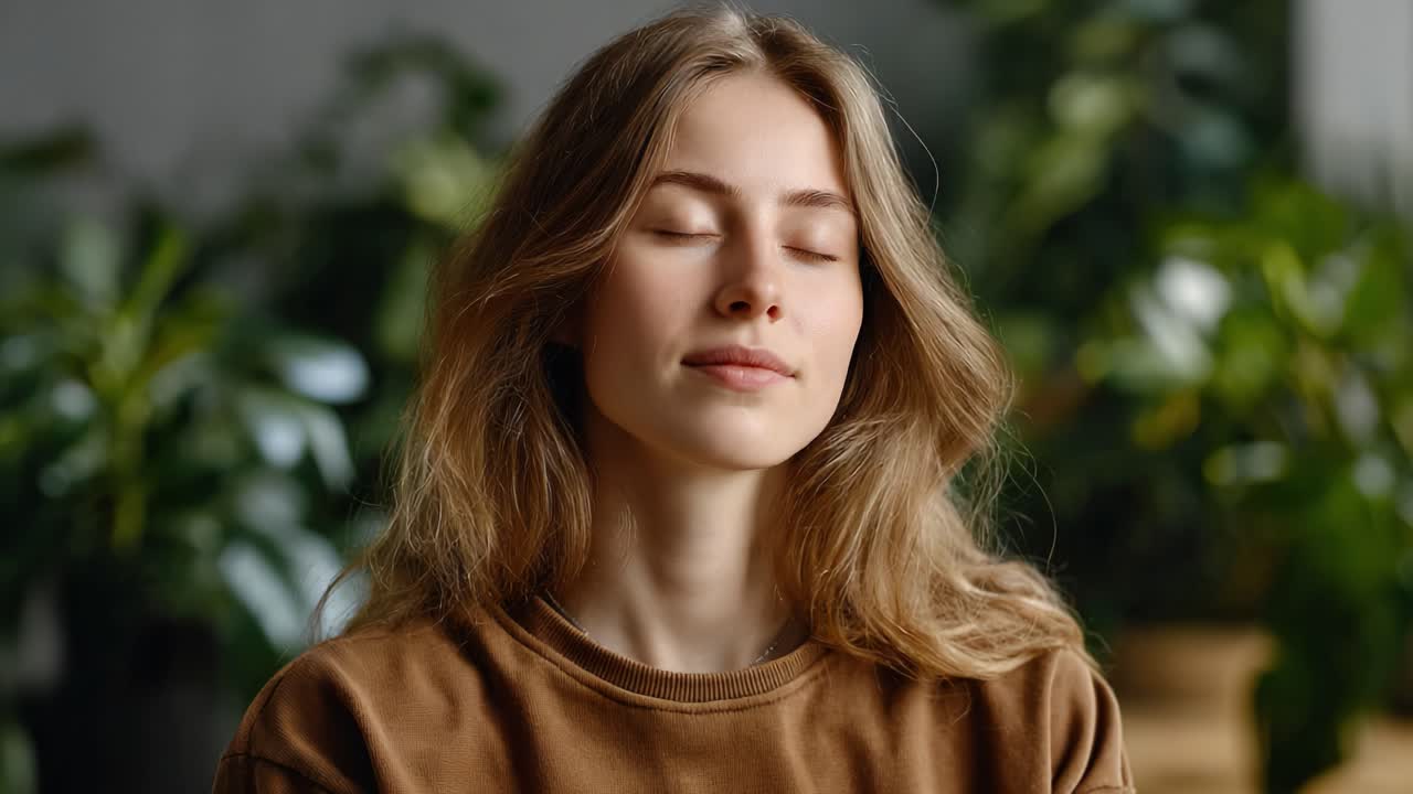 A Relaxed Young Woman in a Natural Setting: Capturing the Journey from Serenity to Focused Awareness Amidst Lush Greenery