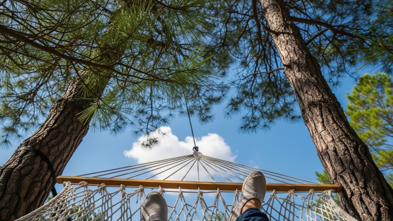 Relaxing in a Hammock Amidst Majestic Trees Under a Clear Blue Sky, Perfect for Escaping the Daily Routine and Embracing Nature's Serenity