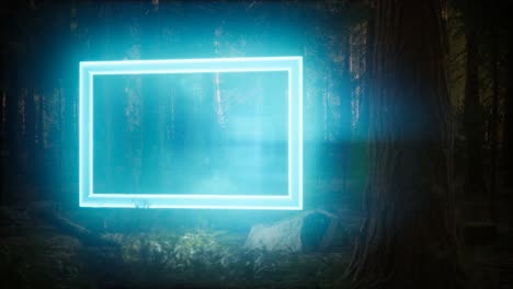 marco rectangular brillante de neón en el bosque nocturno