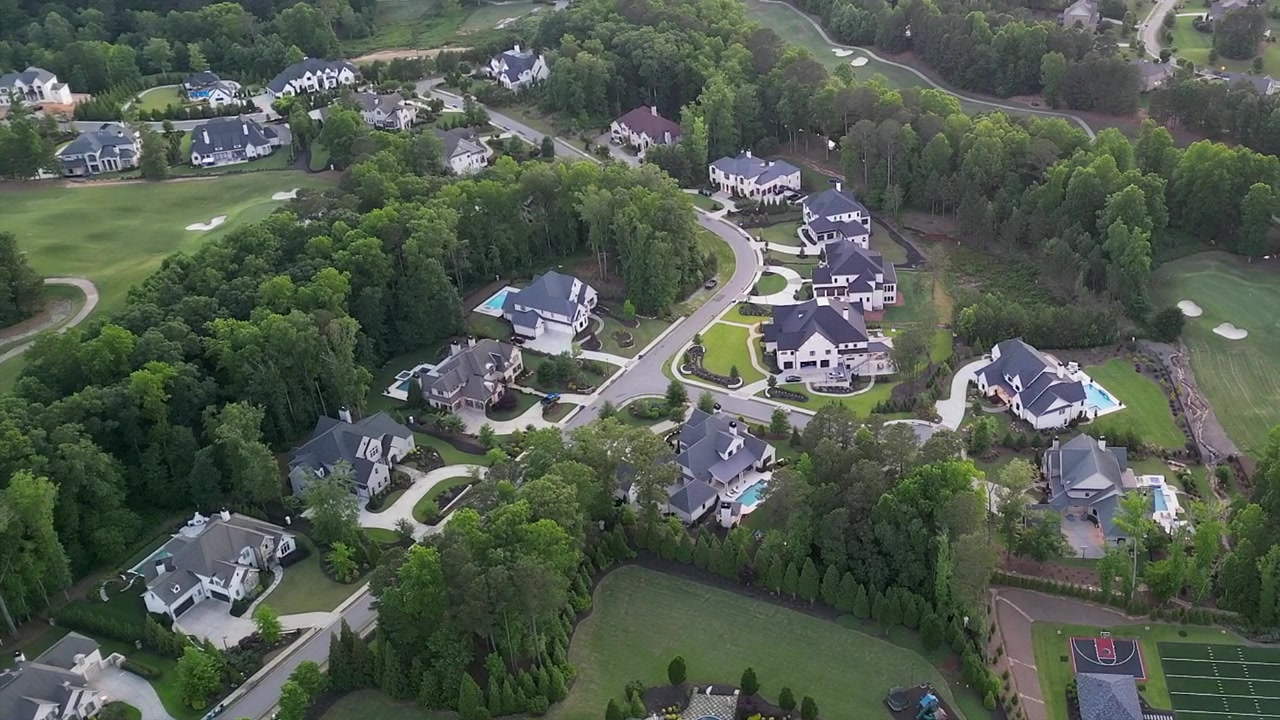 Aerial view of exclusive, affluent neighbourhood, beautiful homes