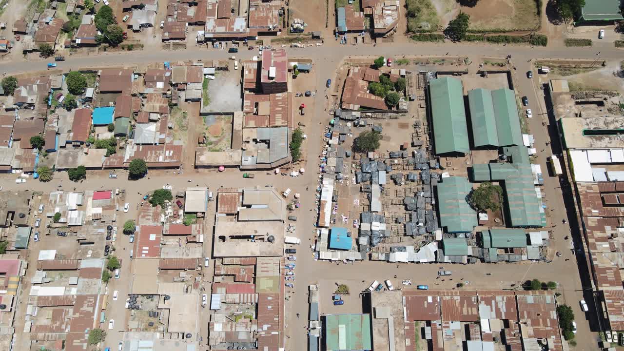 Aerial View of a Bustling Town with Varied Architecture and Market Areas