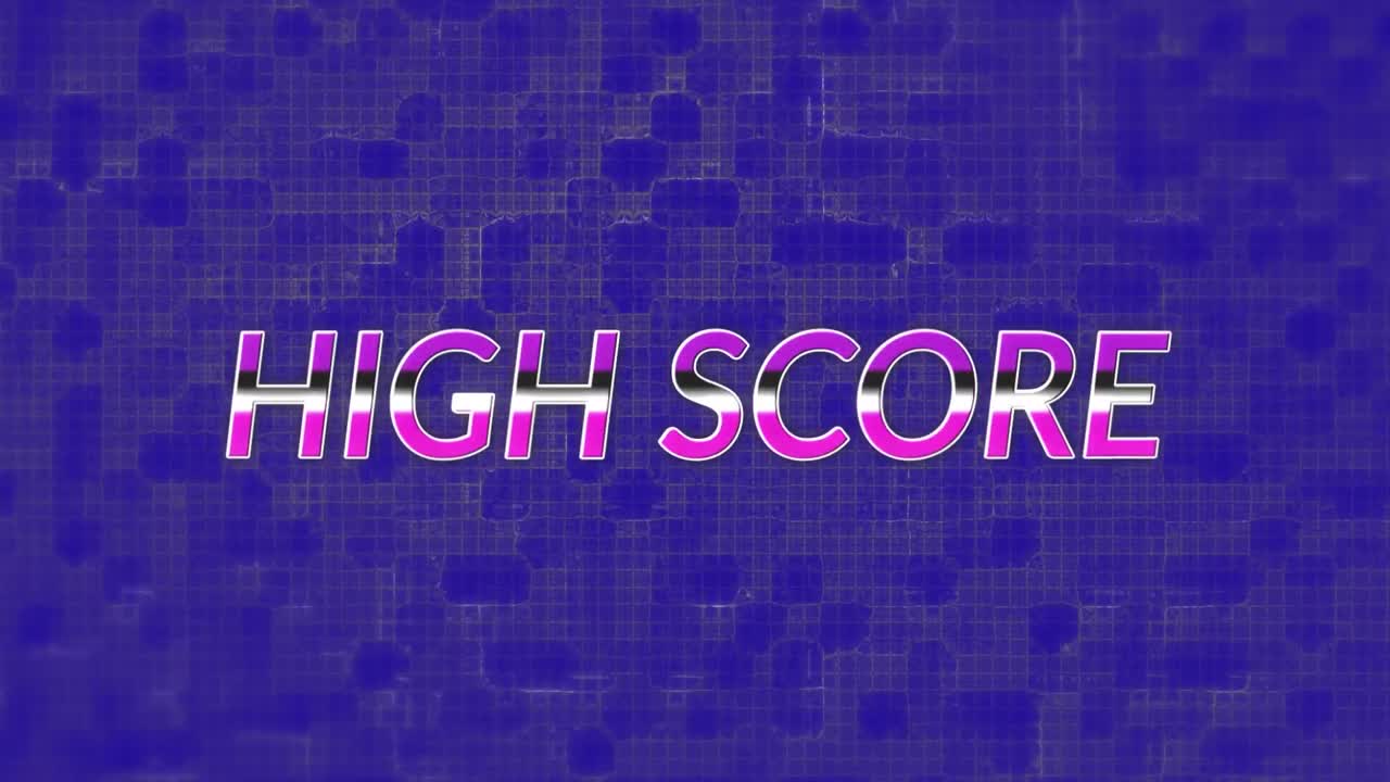 Animation of high score text over moving shapes on blue background