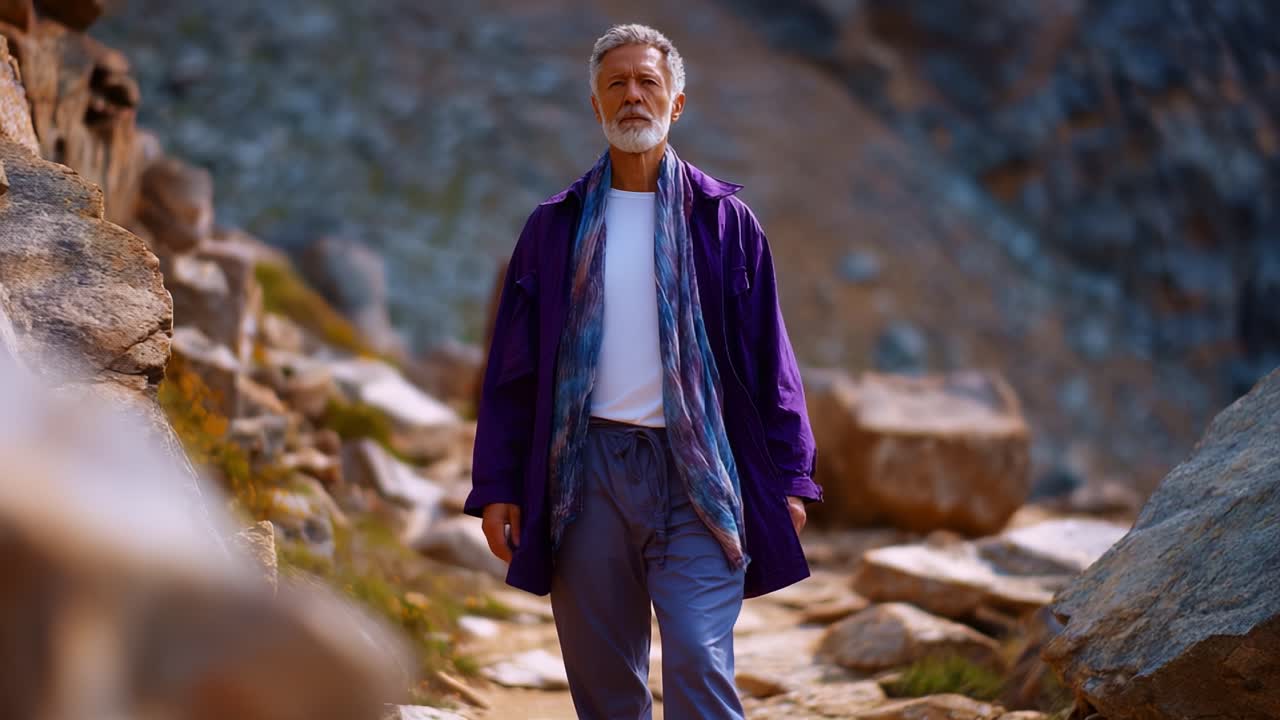 A contemplative individual traverses a rocky pathway, wearing a purple jacket and scarf, embodying serenity and reflection amidst a stunning, natural landscape