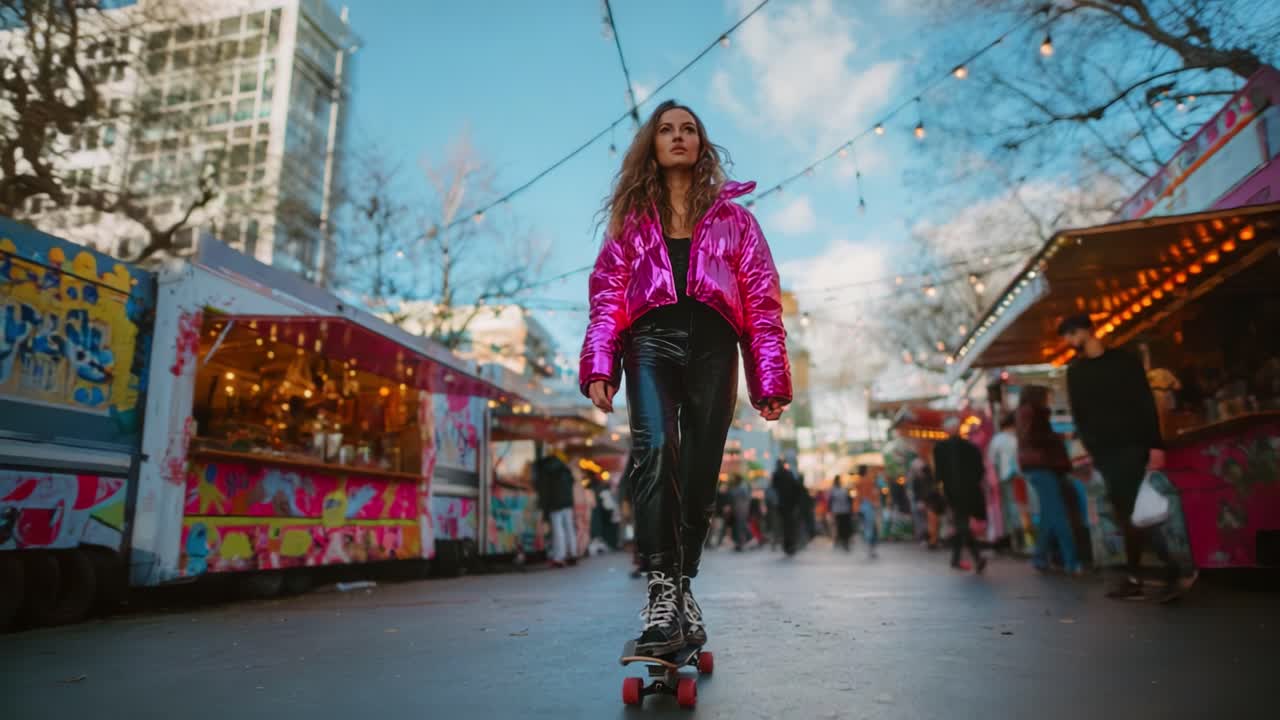 Dynamic Roller Skater in Vibrant Urban Setting: A Joyful Journey Through Colorful Street Market Lights and Atmosphere, Showcasing a Charming Interaction with Surroundings and Skating Aesthetic