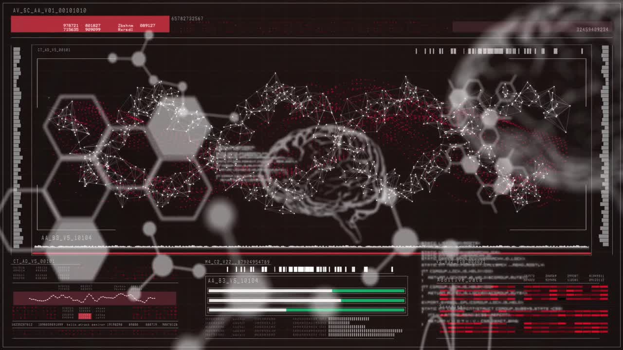 Animation of dna, brain and scientific data processing over black background