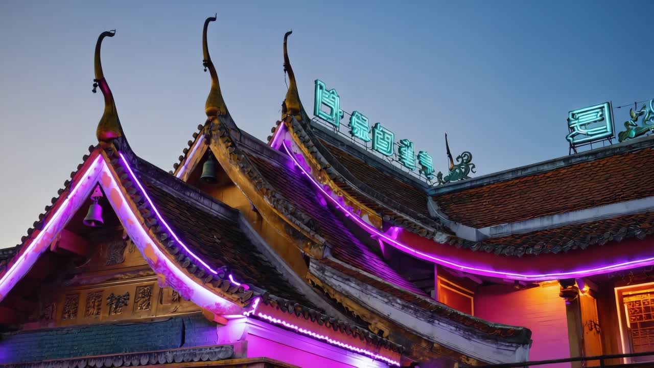 Traditional Asian Temple Illuminated with Neon Lights at Night