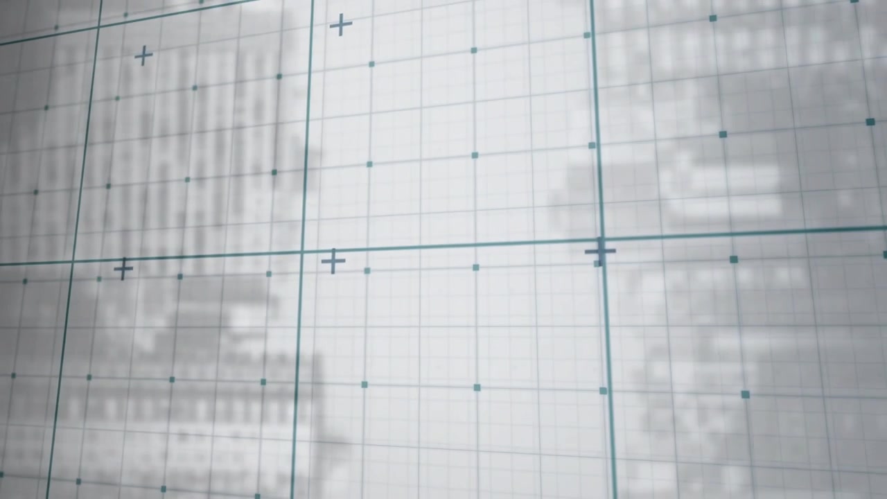 Teal grid overlay appearing over blurred skyline and tilting clockwise for planning visualization