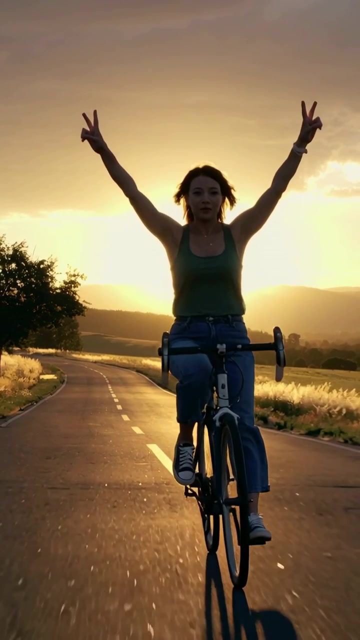 Vídeo vertical: Mulher de regata verde andando de bicicleta, fazendo sinais de "V" em estrada rural com brilho do sol, por diversão.
