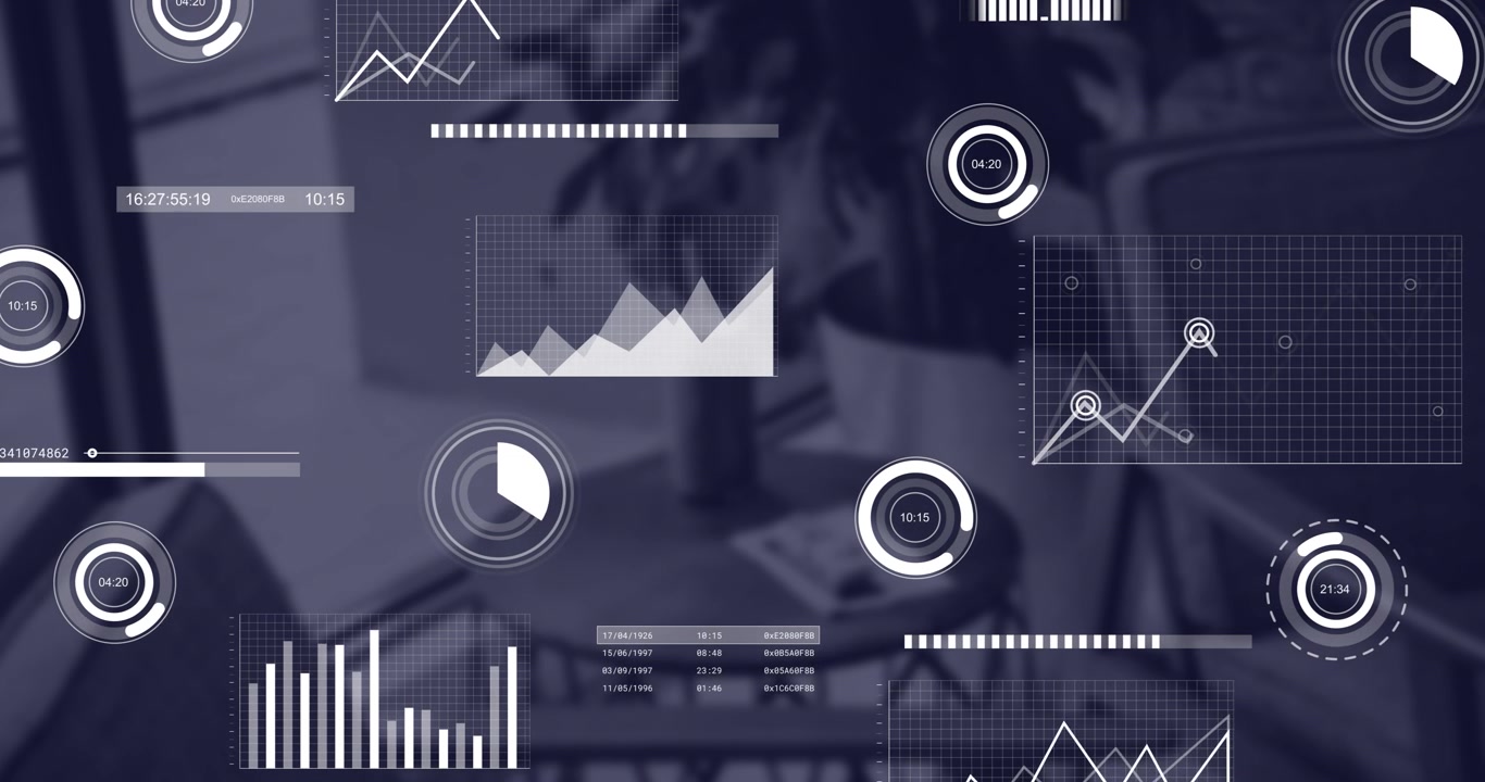 Animation of financial data processing over desk in office