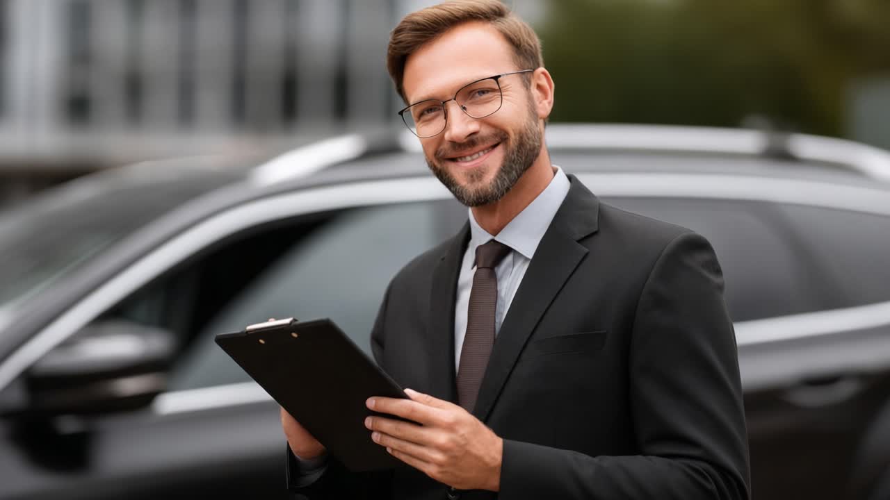 Confident Businessman Holding Clipboard While Standing Beside Luxurious Car: A Presentation of Professionalism and Poise in a Modern Setting