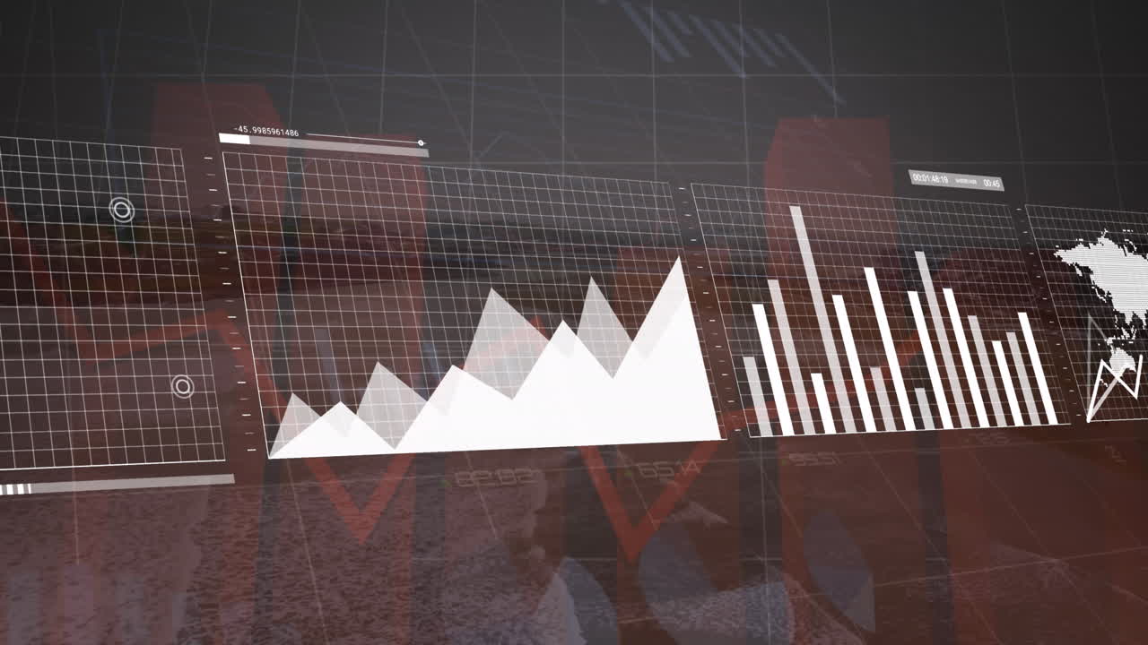 도시 풍경 위의 금융 데이터 처리 애니메이션