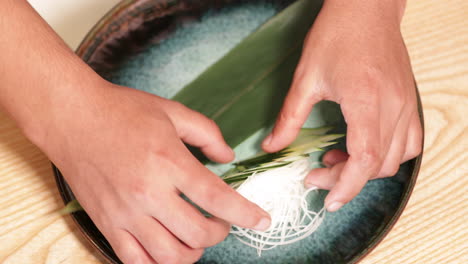 colocar rodajas de pepino fresco y fideos de arroz en un plato - plato de sushi - toma cenital