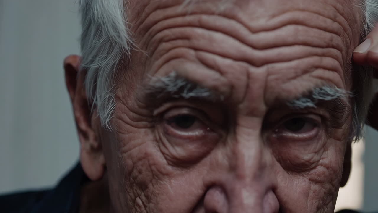 Primo piano del volto di un uomo anziano, assorto nei pensieri o preoccupato, con gli occhi chiusi e una mano sulla tempia.