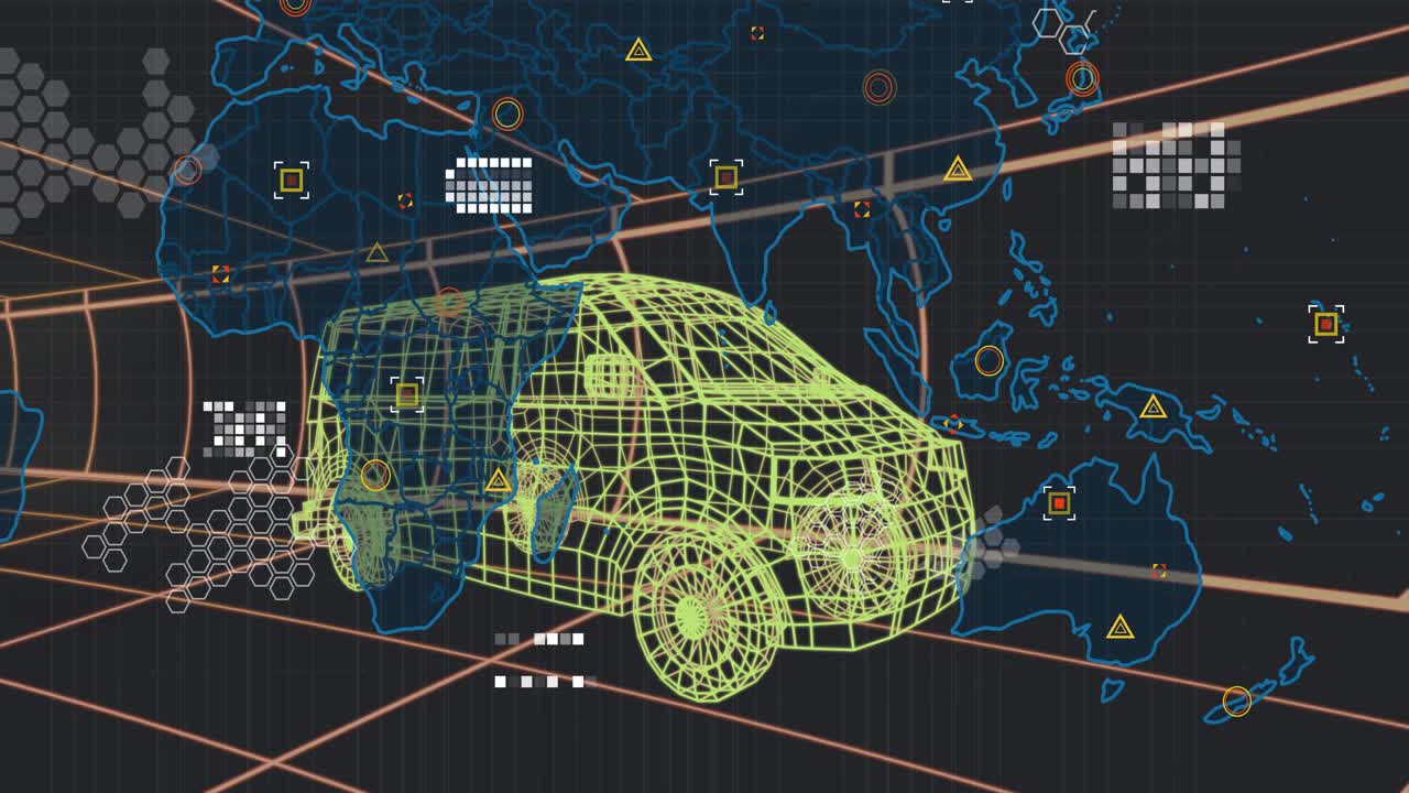 Neon green wireframe van appearing then rotating as data sets pulsing to visualize logistics flow