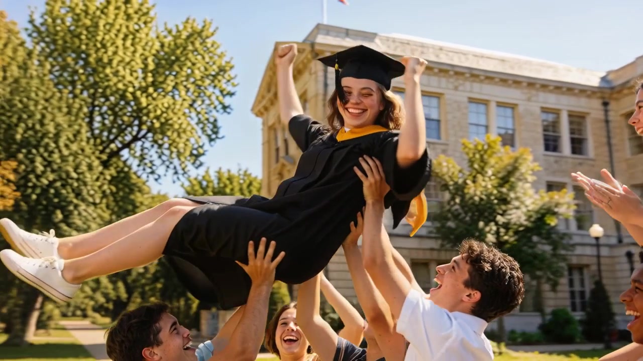 Classmates hoisting graduate in gown cap and yellow sash on school lawn celebrating graduation