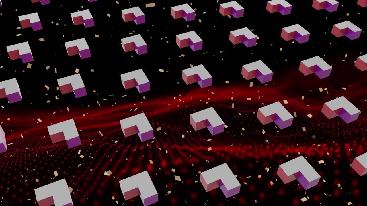 animación de filas de formas que se mueven sobre un fondo rojo y negro