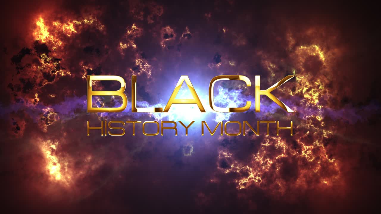 Black History Month 3D Cinematic abstract Background. 4K 3D rendering seamless loop with golden Black History Month text with dramatic light and cloud for opening title trailer wallpaper intro text.