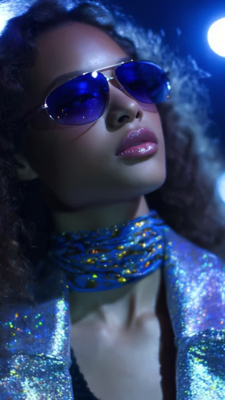 Donna elegante con capelli ricci e occhiali da sole su sfondo blu illuminato, immortalata in un contesto fashion d'impatto