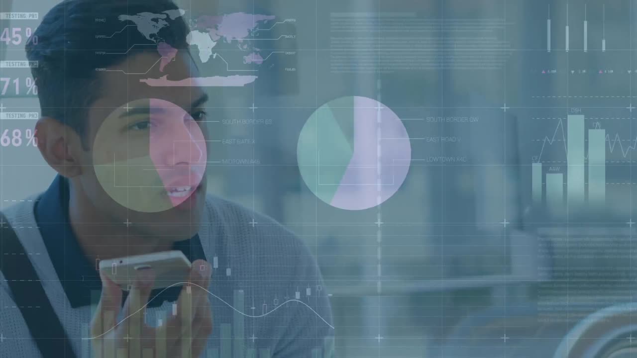 animación del procesamiento de datos financieros sobre un empresario biracial que usa un teléfono inteligente