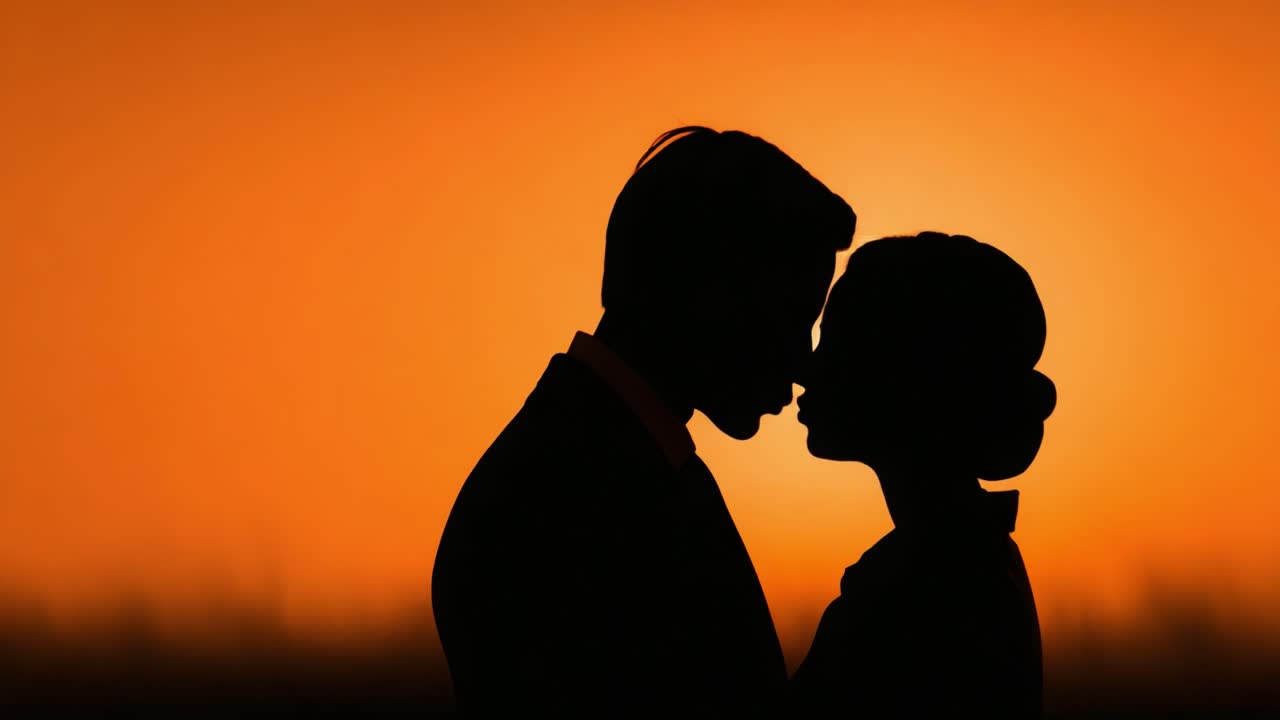 Intimate Silhouettes of a Couple Embracing at Sunset, Capturing the Essence of Love and Connection Against a Warm, Orange Sky