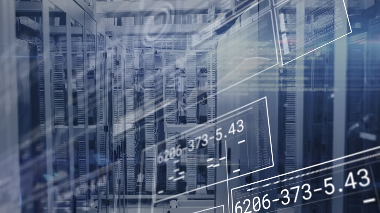 Animation of interface with data processing against computer server room