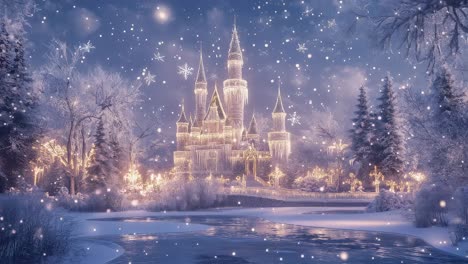 gentle snowflakes fall on a majestic castle adorned with festive lights, nestled amidst a snow covered landscape, creating a magical winter wonderland scene