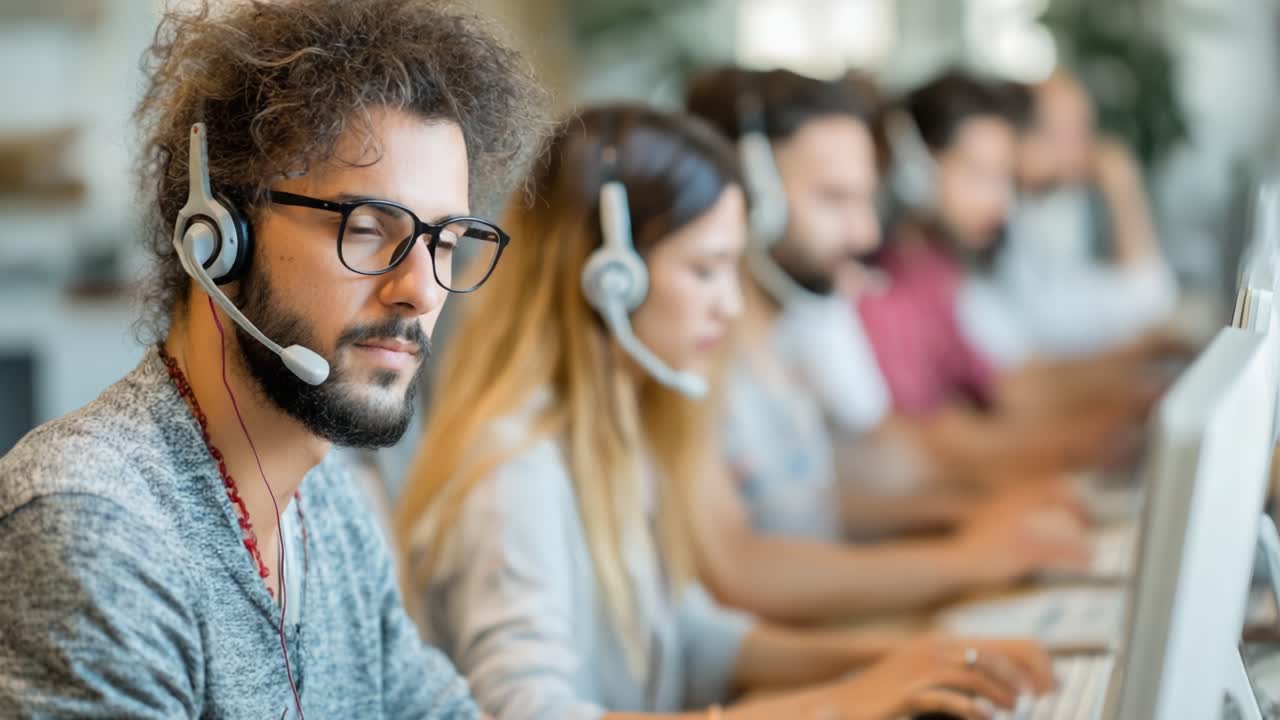 A Focused Team of Customer Service Representatives Engaged in Communication, Displaying Professionalism and Concentration While Working on Computers