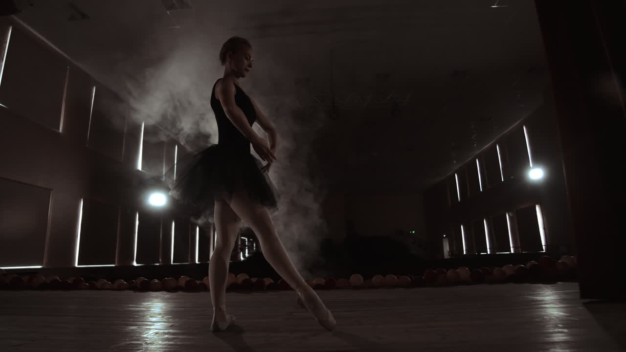 un primer plano de las piernas de la bailarina. ella baila con sus zapatillas de ballet. ella lleva un vestido de tutu negro. filmado en un estudio brillante y soleado. en cámara lenta.