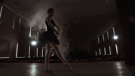 close-up shot of ballerina's legs. she dances on her pointe ballet shoes. she's wearing black tutu dress. shot in a bright and sunny studio. in slow motion.