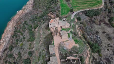 flying around rialb tower historical building, lleida in spain