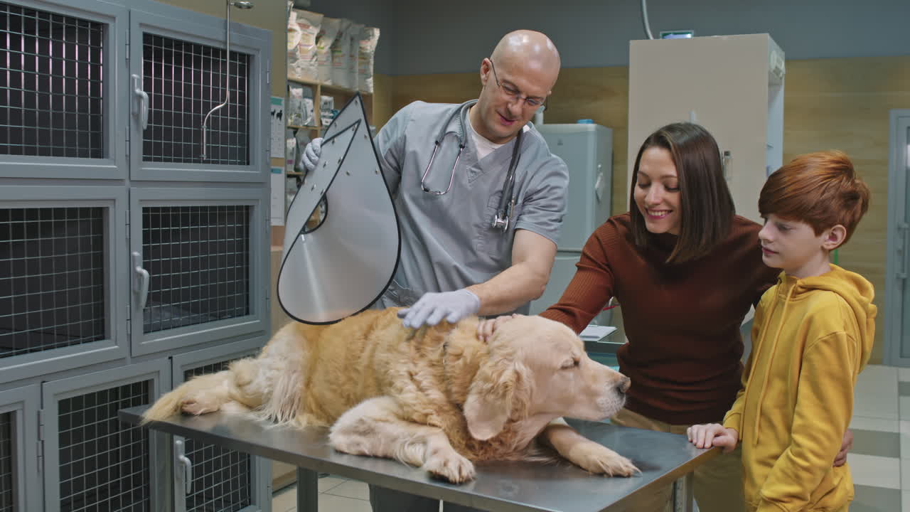 Happy Owners Of Golden Retriever At Vet Clinic