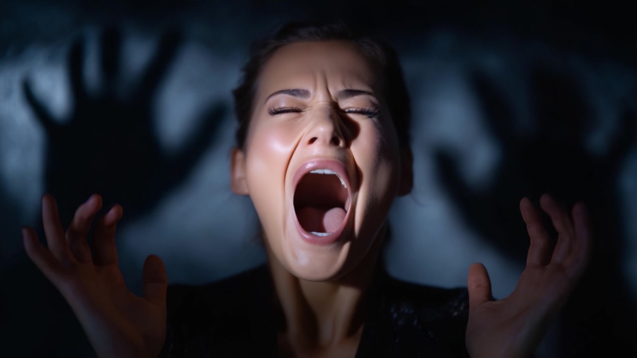 A woman expresses intense emotions in a dark setting, showcasing fear or anguish amidst shadowy hands reaching out, evoking feelings of struggle and vulnerability.