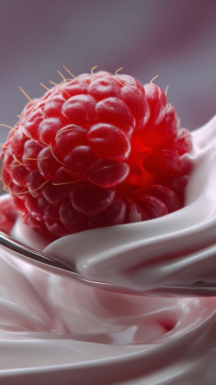 A Delicious Raspberry Surrounded by Creamy Dessert in Close-up. This Juicy Berry is Perfectly Placed, Showcasing Its Textures and Vibrant Red Color