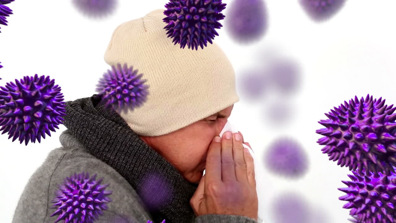 animación de la caída de las células de covid-19 sobre un hombre caucásico enfermo