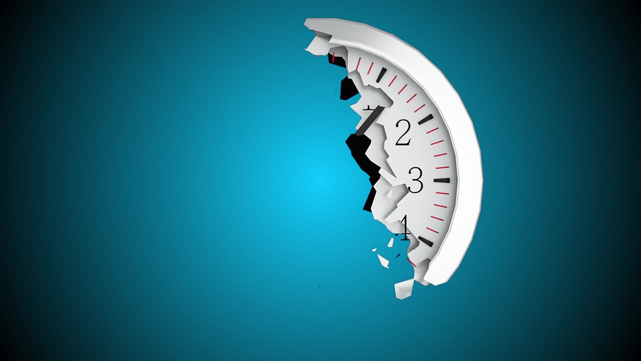 Il quadrante rotondo di un orologio da parete si distrugge in piccoli frammenti su sfondo nero. Sfondo astratto generato al computer, rendering 3D