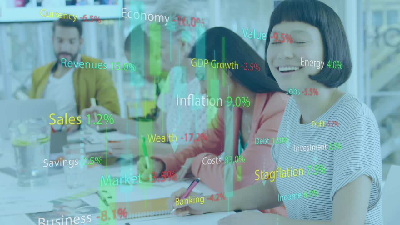 떨어지는 화살표, 텍스트, 그래프 및 변하는 숫자의 애니메이션, 사무실에서 일하는 다양한 동료