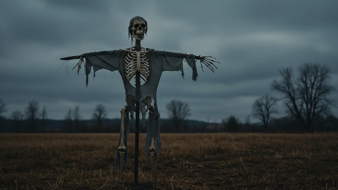 A haunting skeletal figure stands in a desolate field, shrouded in gloomy clouds, evoking an eerie atmosphere as it looms over the barren landscape
