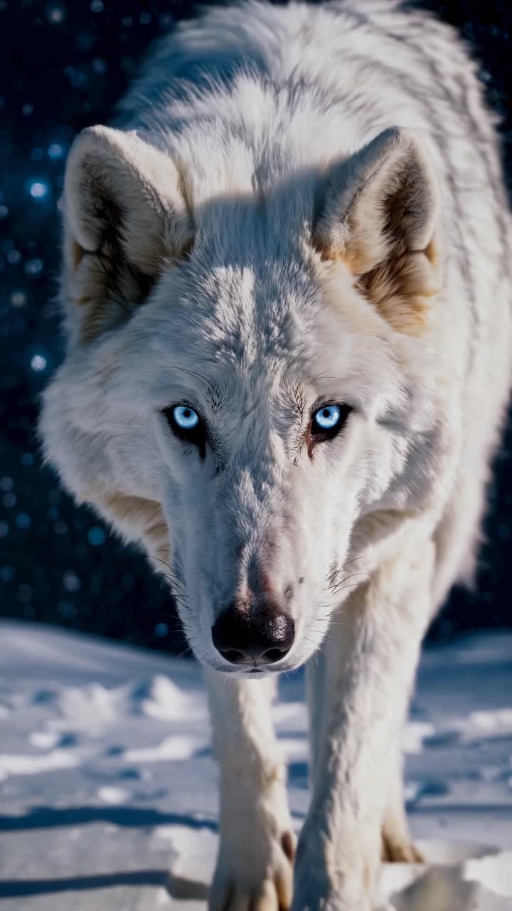 A close-up, low-angle shot of a white wolf walking on snow under a starry sky, creating a dramatic