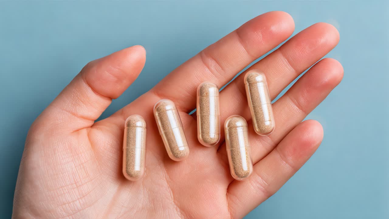 Close-up de uma mão segurando cinco cápsulas nutricionais contra um plano de fundo azul-petróleo, destacando a textura e a cor dos suplementos em luz natural